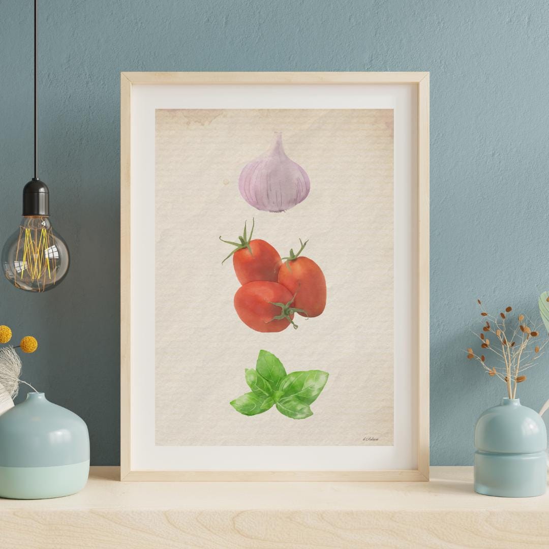 Watercolor Garlic, Tomato, Basil Print: Rustic Italian Kitchen Art