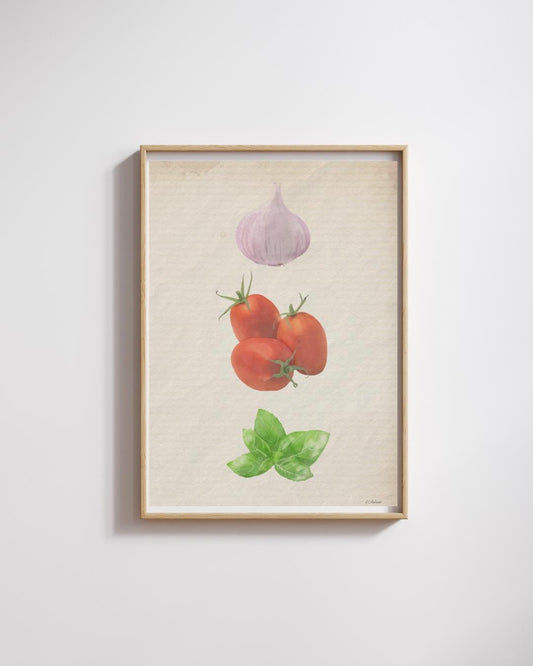 Watercolor Garlic, Tomato, Basil Print: Rustic Italian Kitchen Art