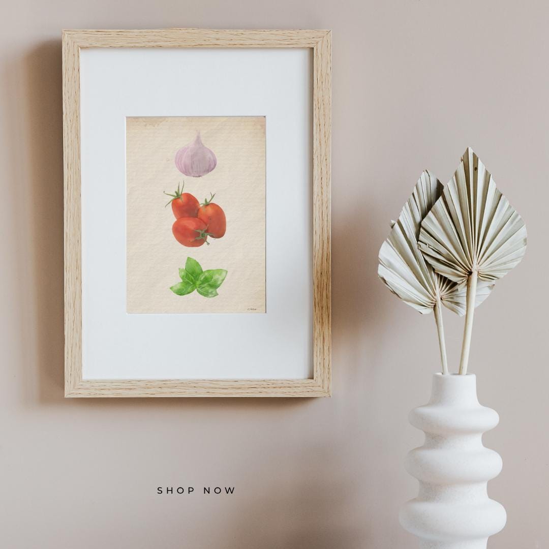 Watercolor Garlic, Tomato, Basil Print: Rustic Italian Kitchen Art