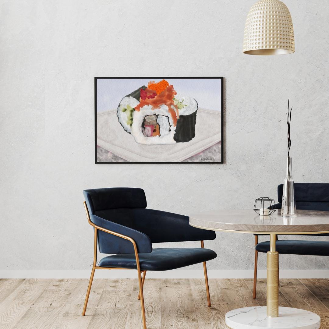 Watercolor Sushi Illustration – Japanese Food Art Print, Kitchen Wall Décor, Sushi Lover Gift