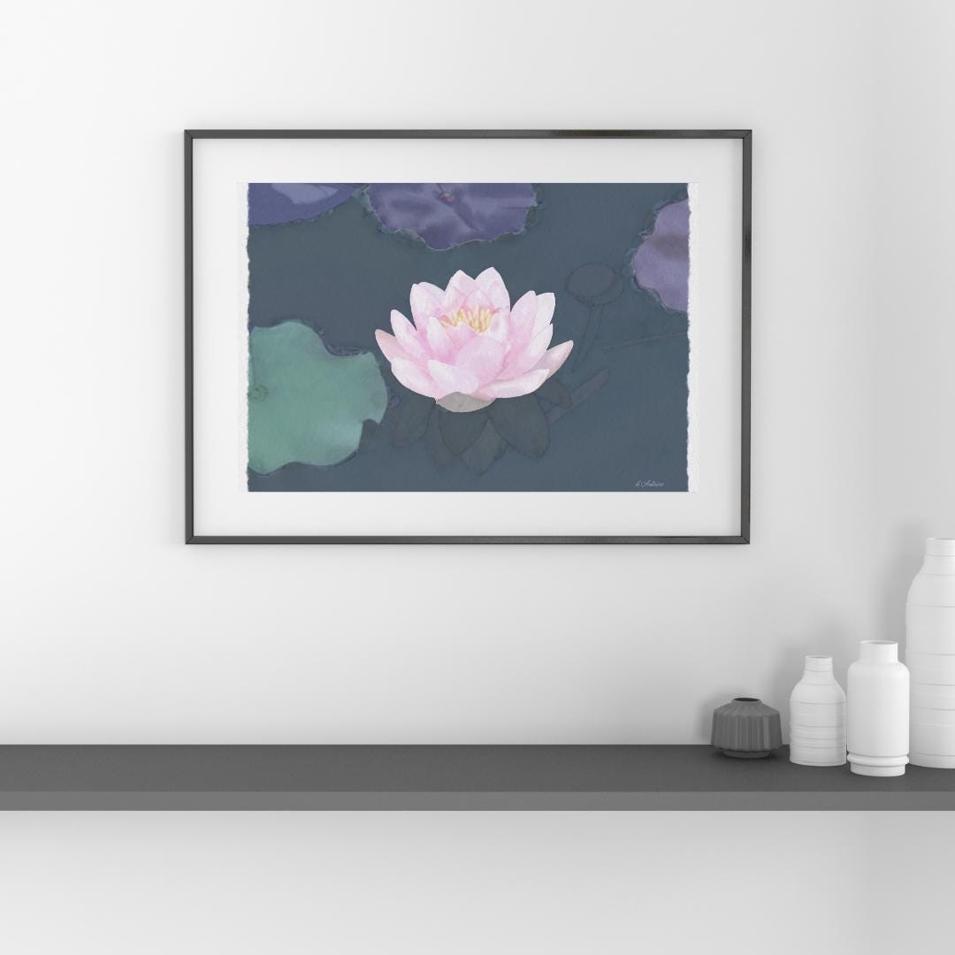 Watercolor Water Lily Pink Lotus Flower Art Print
