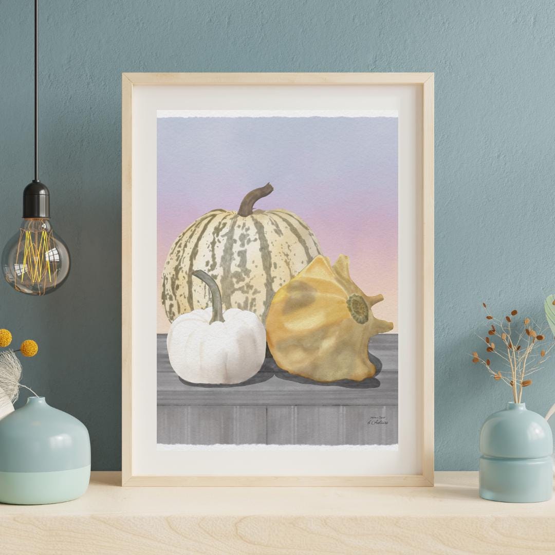 Autumn Fall Pumpkin and Sunset Watercolor Painting