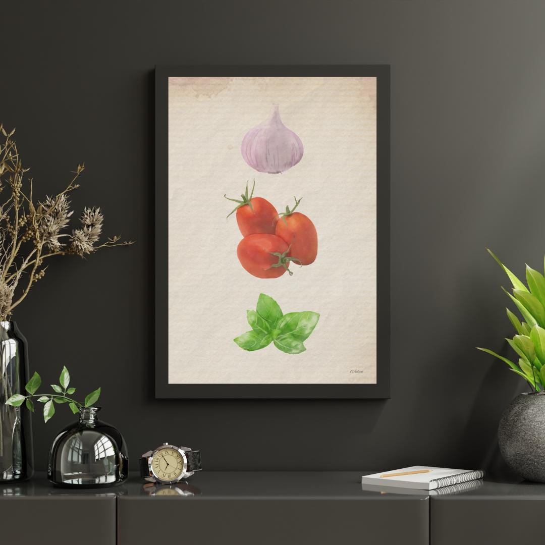 Watercolor Garlic, Tomato, Basil Print: Rustic Italian Kitchen Art