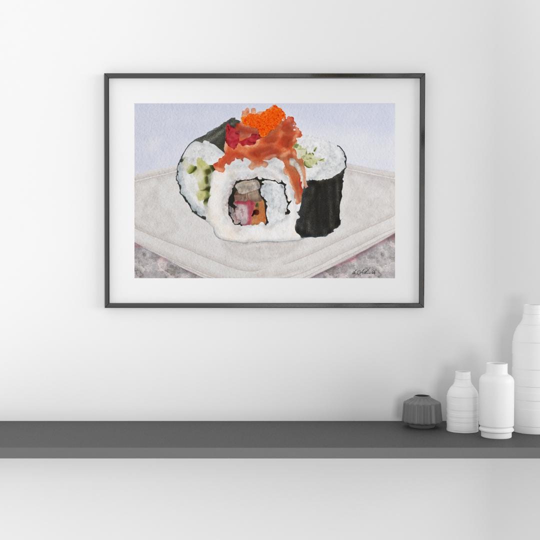 Watercolor Sushi Illustration – Japanese Food Art Print, Kitchen Wall Décor, Sushi Lover Gift