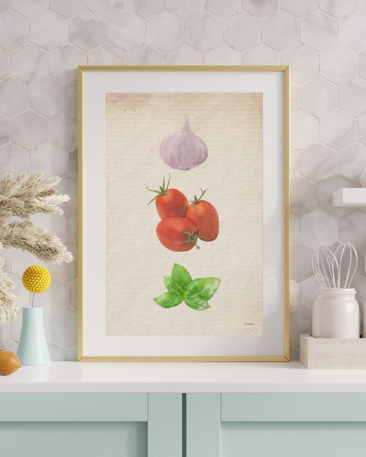 Watercolor Garlic, Tomato, Basil Print: Rustic Italian Kitchen Art