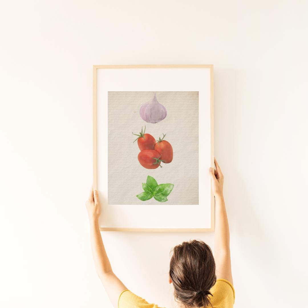 Watercolor Garlic, Tomato, Basil Print: Rustic Italian Kitchen Art