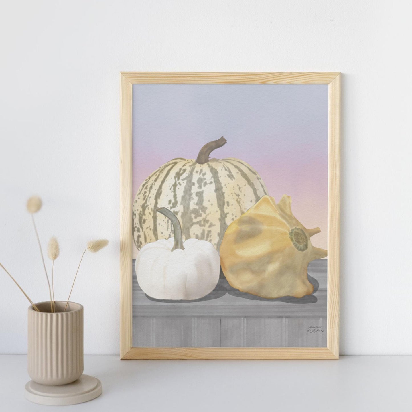 Autumn Fall Pumpkin and Sunset Watercolor Painting