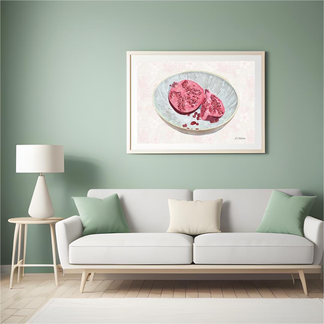 Watercolor Pomegranate Painting | Fruit Wall Art | Botanical Kitchen Décor