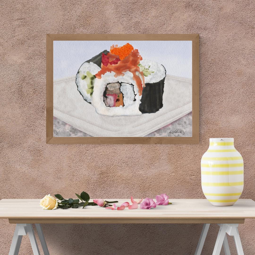 Watercolor Sushi Illustration – Japanese Food Art Print, Kitchen Wall Décor, Sushi Lover Gift