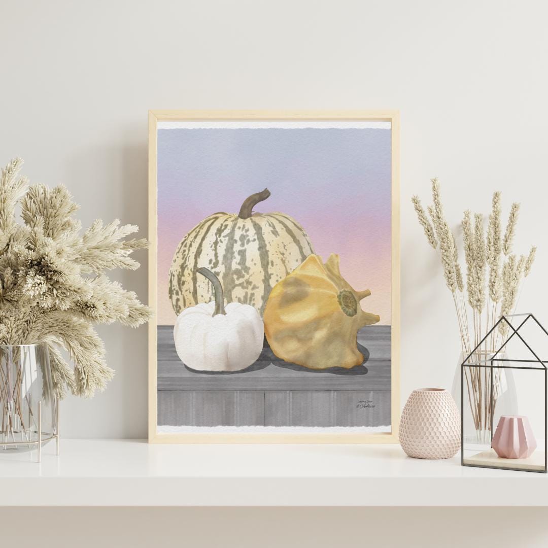 Autumn Fall Pumpkin and Sunset Watercolor Painting