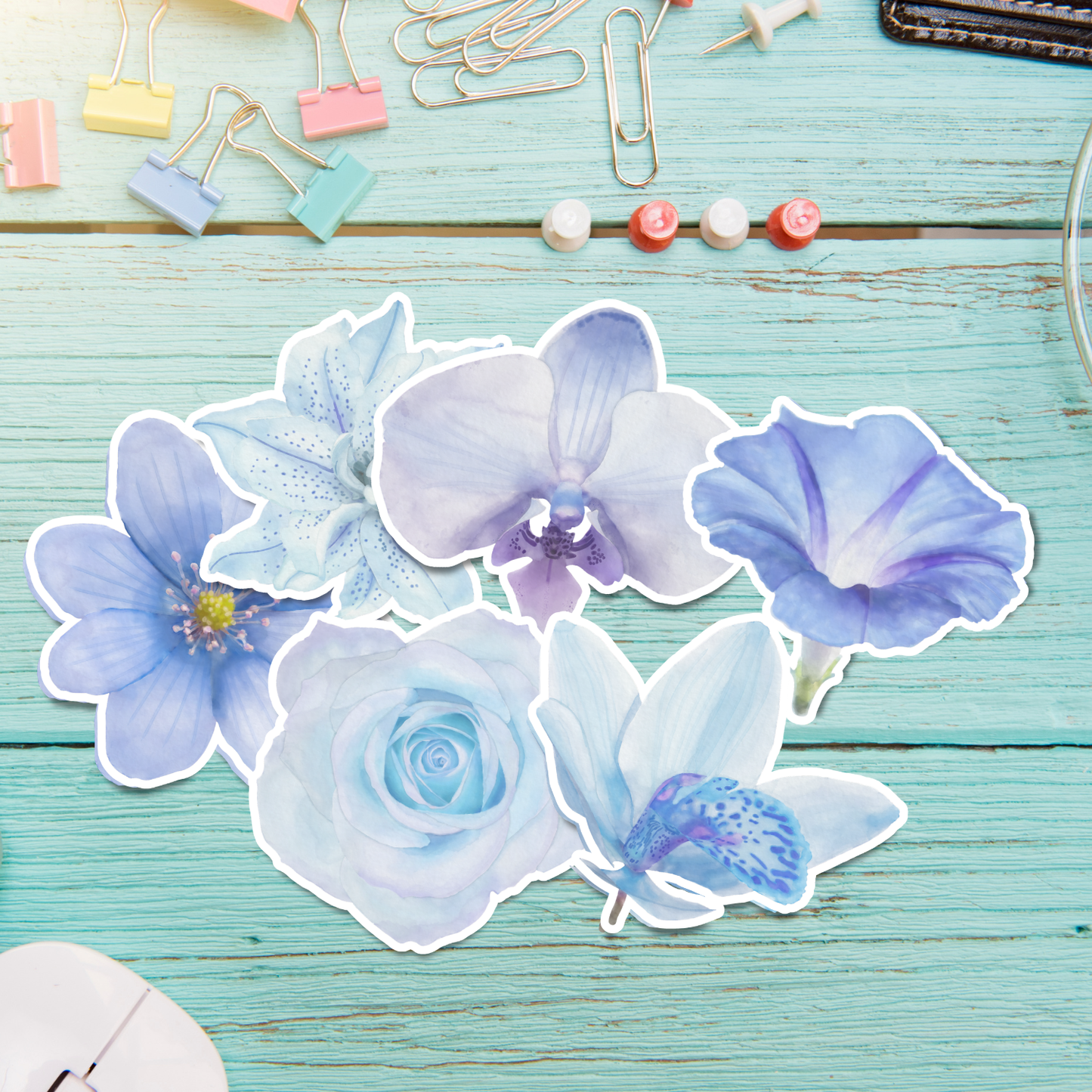 Hand-painted Watercolor Blue Flower Stickers