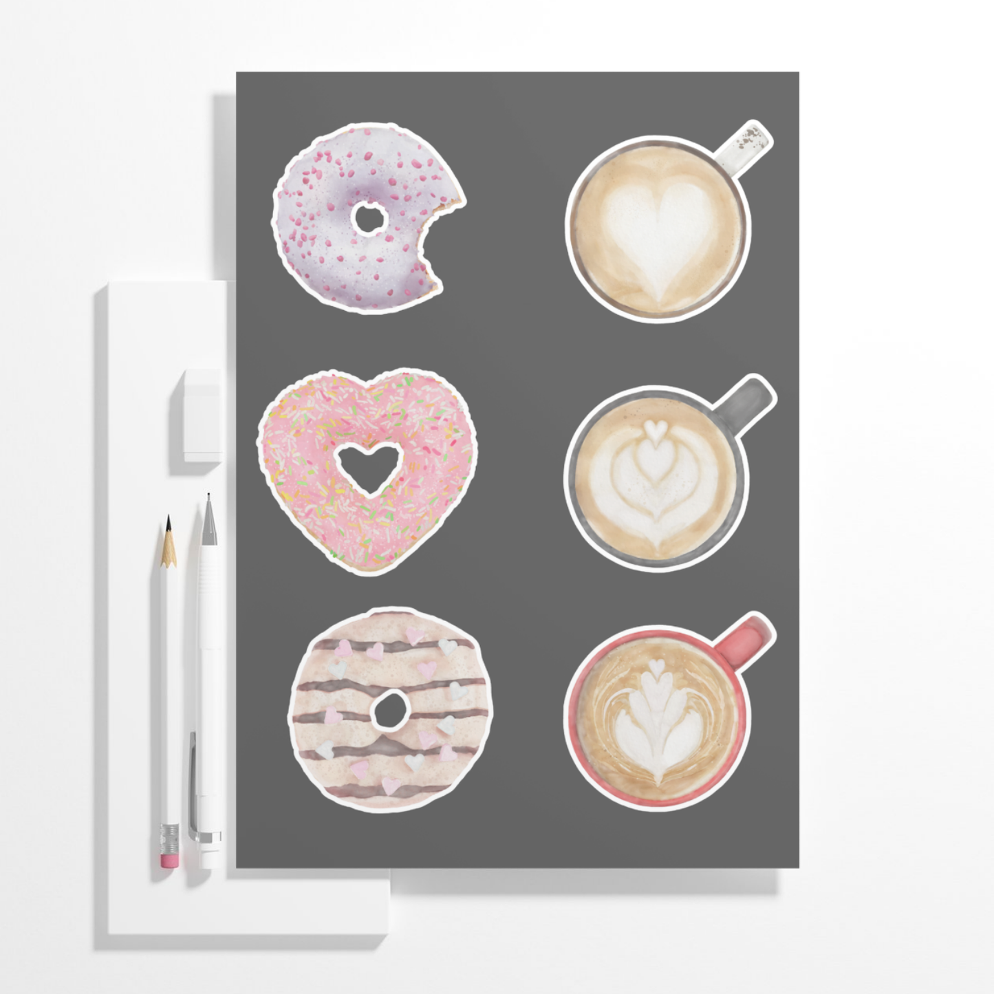 Hand-painted Watercolor Latte and Donut Stickers