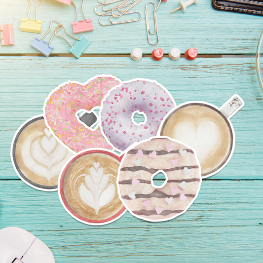 Hand-painted Watercolor Latte and Donut Stickers