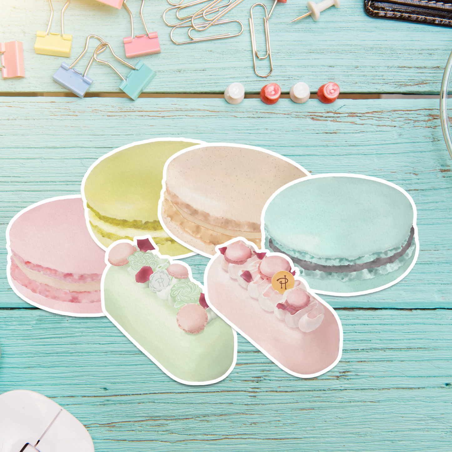 Hand-painted Watercolor Macaron and Cake Stickers