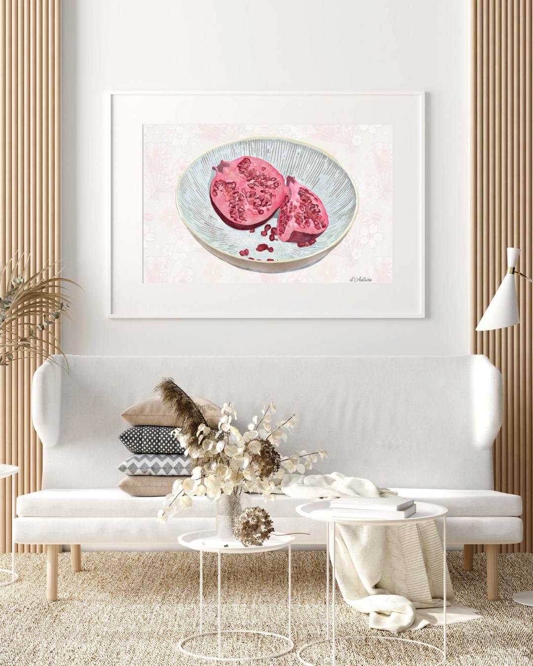 Watercolor Pomegranate Painting | Fruit Wall Art | Botanical Kitchen Décor