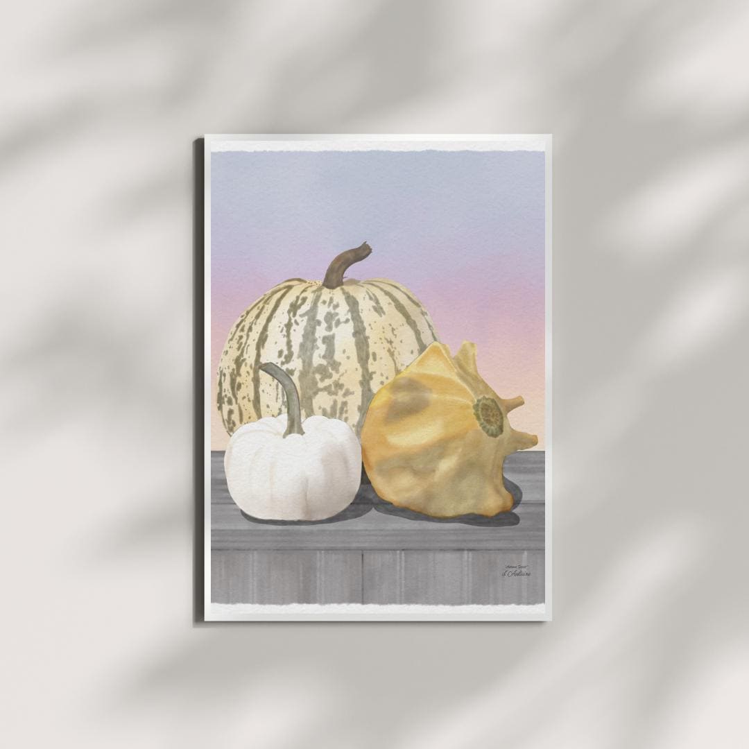 Autumn Fall Pumpkin and Sunset Watercolor Painting